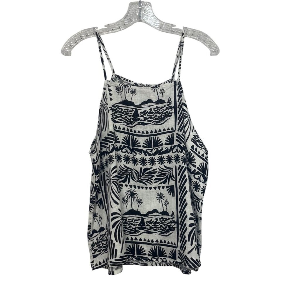 Rachel Zoe Tropical Island Print Linen Camisole Tank Top Large Black White New